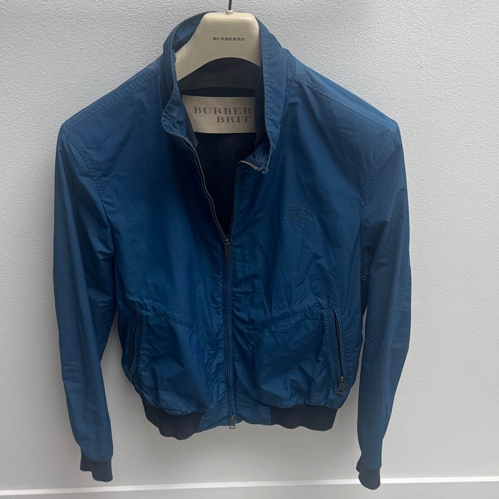 Burberry Navy Blue Bomber Jacket with Ribbed Hem